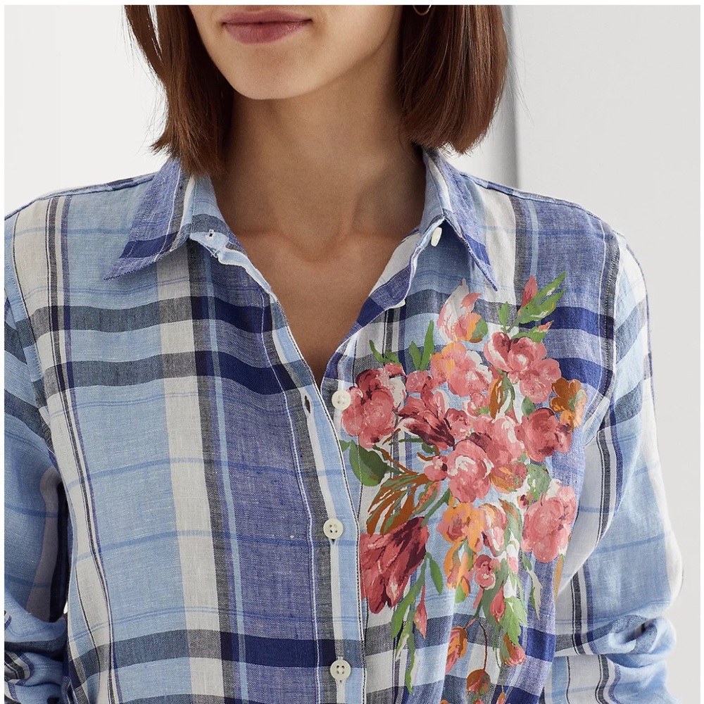 New Ralph Lauren Floral & Plaid Lightweight Linen Button Down Shirtdress Midi - Picture 2 of 15